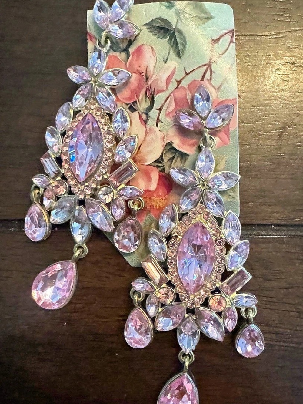 Pink Crystal Floral Drop Earrings Like New